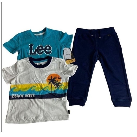 Lee Toddler Boys 4T 3 PC Set T-Shirts and Pull-On Pants Blue White Beach Vibes - Picture 1 of 4
